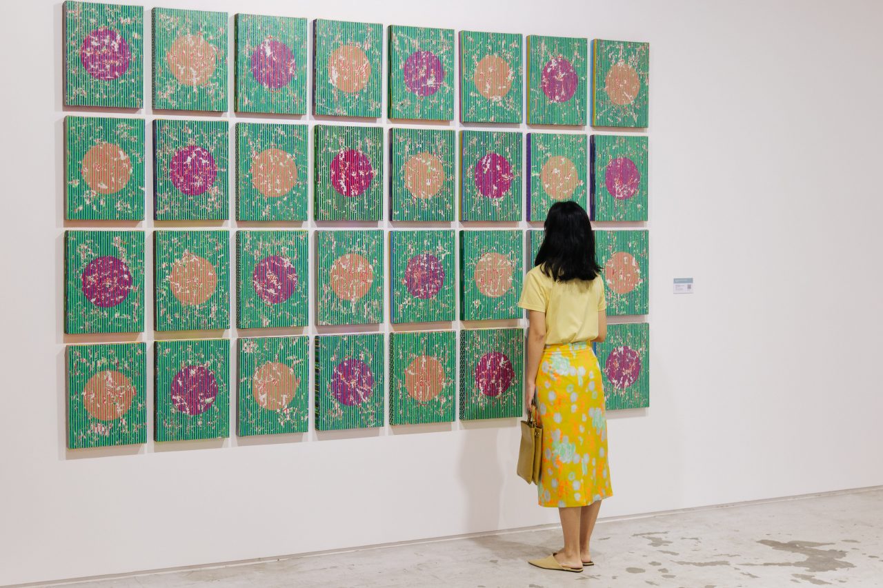 Kristoffer Ardeña, "Ghost Painting (Cracked Category): National Bookstore", 2020. Elastomeric paint on canvas, 176 x 306 cm, presented by Tropical Futures Institute. Photo by Toni Cuhadi, courtesy of S.E.A. Focus, Singapore.